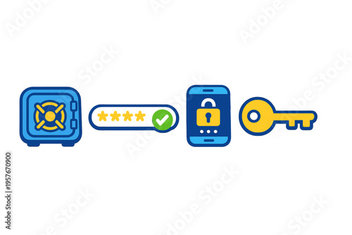 A row of blue and yellow security icons including a safe, a password