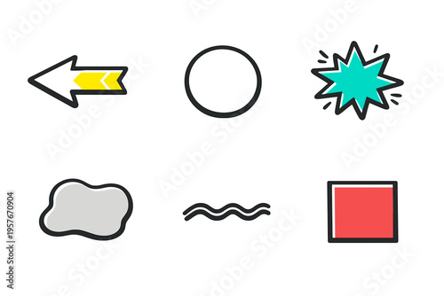 This set of six stylized vector icons includes a directional arrow, a