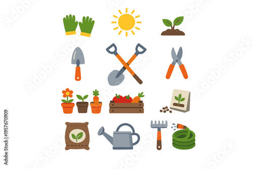 A collection of colorful gardening icons including tools like