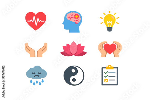 A collection of nine colorful flat icons representing mental health