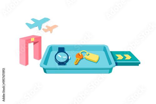 A 3D illustration of an airport security checkpoint featuring a blue
