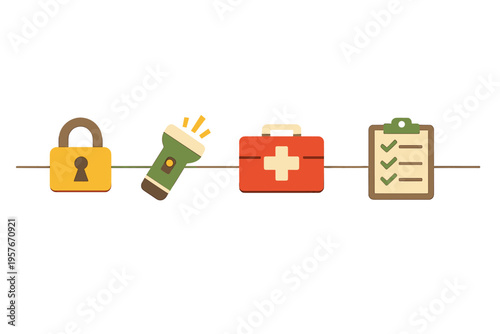 A minimalist flat vector illustration featuring four safety icons