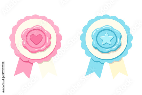 Vector illustration of two cute award ribbons in pink and blue