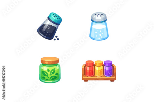 A collection of stylized spice and condiment icons including a salt