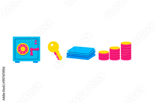 A collection of financial icons featuring a blue safe, a yellow key