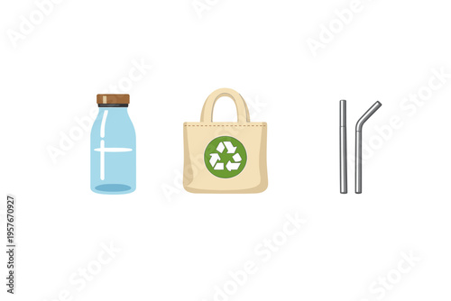 An illustration of a glass water bottle, a reusable tote bag with a