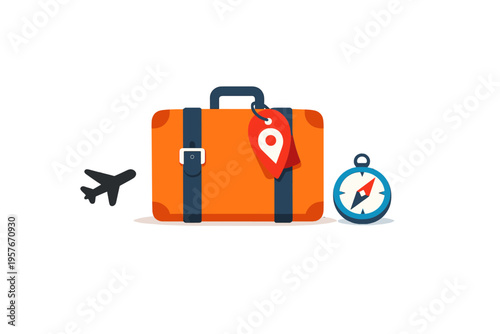 A flat vector illustration of an orange travel suitcase with a red