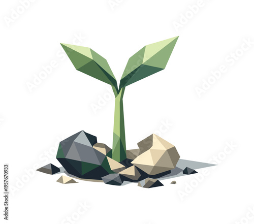 Geometric Sprout Emergence. Low-poly vector illustration focused on seed sprout pop after successful emergence, young geometric