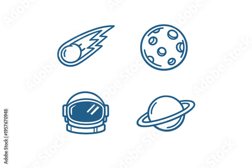A set of four blue line art icons featuring a comet, a cratered moon
