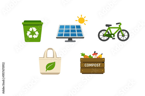 Flat illustration of sustainability icons featuring a green recycling
