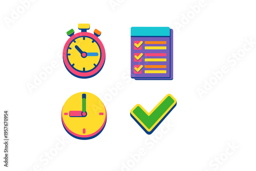 A set of four colorful 3D-style icons including a stopwatch, a