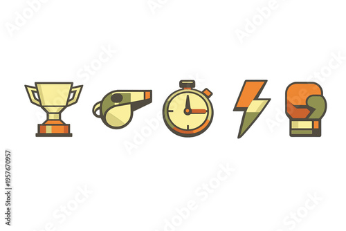 Five flat vector icons representing sports and competition, featuring