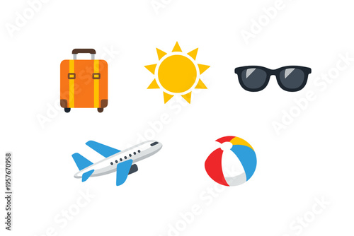 A collection of summer travel icons featuring an orange suitcase, a