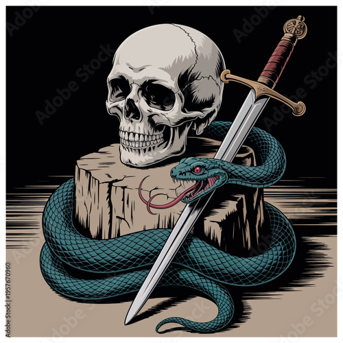 Human skull and coiled emerald snake with medieval sword on old wooden stump in dark dramatic painterly style illustrating fantasy or gothic adventure concepts