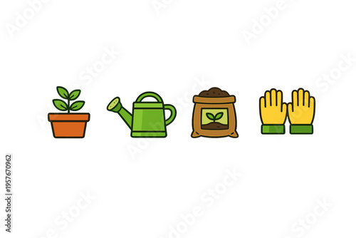 A set of four flat gardening icons featuring a green sprout in a pot