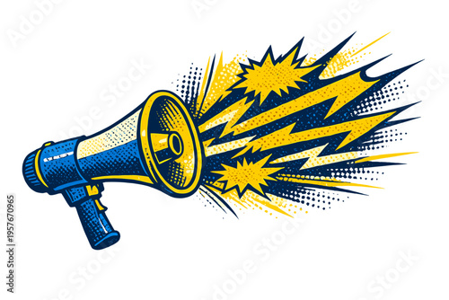 A retro comic book style illustration of a blue and yellow megaphone