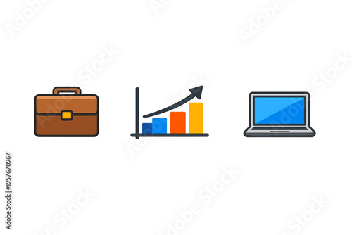 A flat illustration set featuring three business icons