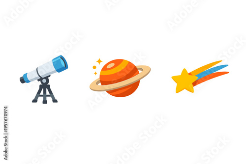 A set of three astronomy icons featuring a telescope on a tripod, a