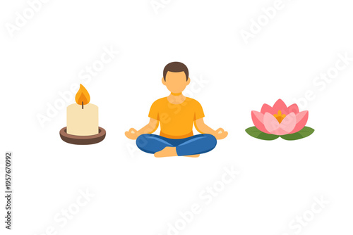 A flat vector illustration featuring a man sitting in a lotus