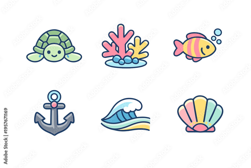 Fototapeta premium Six cute ocean-themed icons including a turtle, coral, fish, anchor