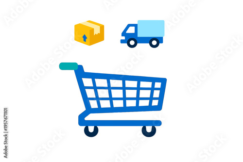 A set of flat icons including a blue shopping cart, a yellow