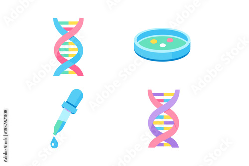 A set of four flat vector icons representing science and genetics