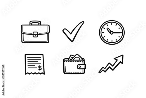 A collection of six hand-drawn business and finance icons in a black
