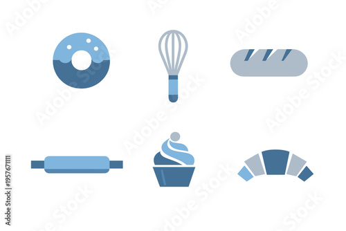 Minimalist collection of six bakery icons including a donut, whisk