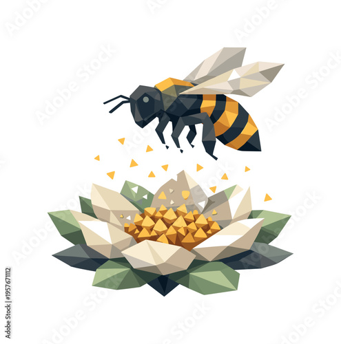 Low-poly vector illustration focused on bee pollination dart after successful pollination, geometric honeybee hovering calmly