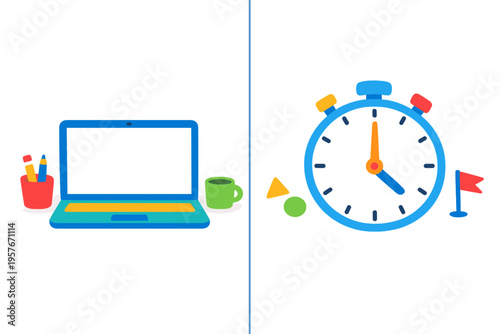A flat vector illustration featuring a blue laptop with office