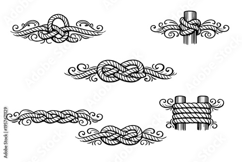 A collection of hand-drawn nautical rope knots and decorative