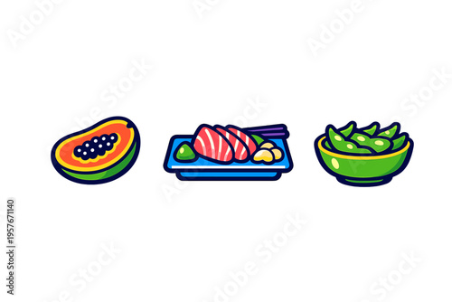 A set of three colorful food icons featuring a sliced papaya with