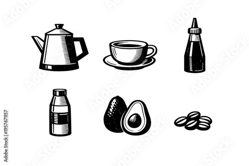 A set of six hand-drawn black and white icons featuring a coffee pot