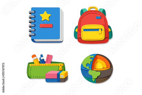 A set of four 3D paper-cut style icons representing school and