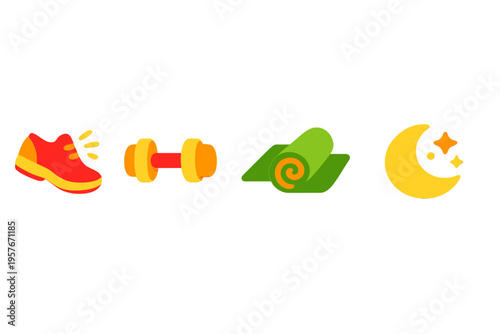 Four colorful 3D-style icons representing a healthy lifestyle