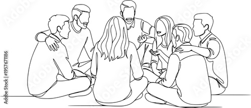 Group of young people sitting on ground together and talking. Friends rest and communicate. Continuous line art drawing style. Minimalist black linear sketch on white background. Vector illustration