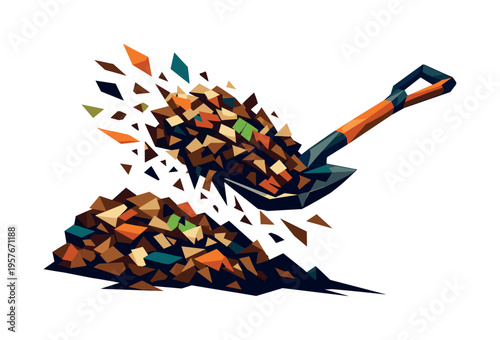 Low-poly vector illustration focused on compost turn mix during active turning, faceted shovel lifting a burst of polygonal