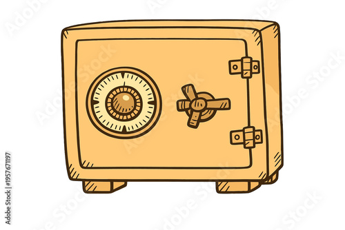 Hand-drawn vector illustration of a yellow metal safe box featuring a