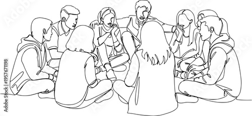 Group of young people sitting on ground together and talking. Friends rest and communicate. Continuous line art drawing style. Minimalist black linear sketch on white background. Vector illustration