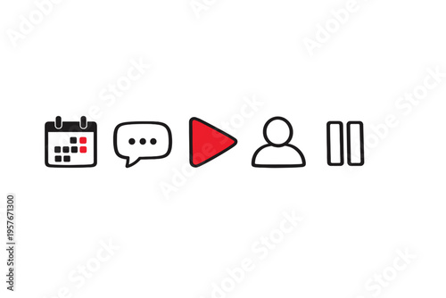 A set of five hand-drawn icons featuring a calendar, a speech bubble