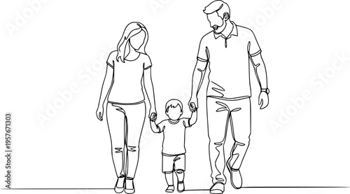 Happy family in continuous line art drawing style. Front view of parents with their little kid holding hands and walking together black linear sketch isolated on white background. Vector illustration