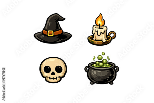 A set of four Halloween-themed cartoon illustrations featuring a