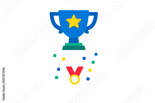 A colorful illustration of a blue trophy with a yellow star and a