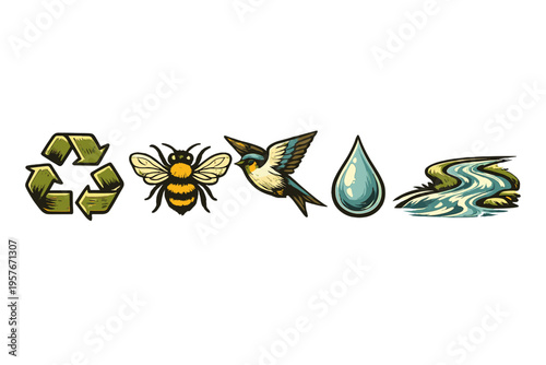 A set of ecological icons including a green recycle symbol, a