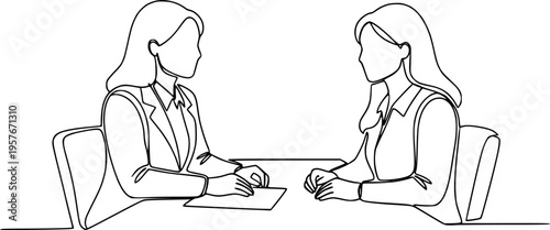 Job interview - vector modern simple one line design composition with recruiter and candidate. Continuous Line Drawing of Two women are talking at the table