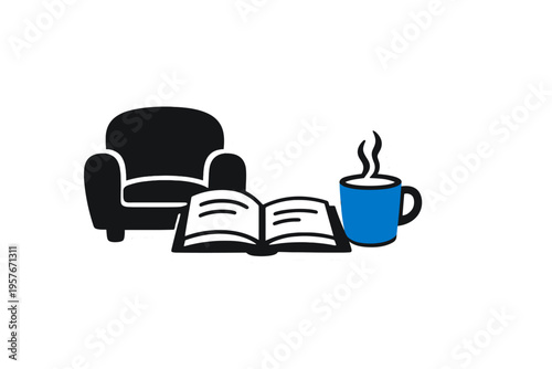 A sticker-style illustration featuring a black armchair, an open