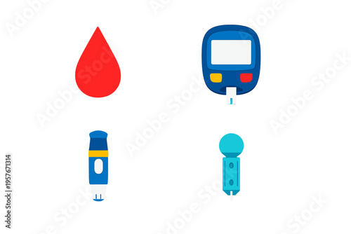 A set of four flat vector icons related to diabetes management