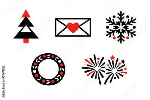 Set of five stylized winter holiday icons featuring a geometric
