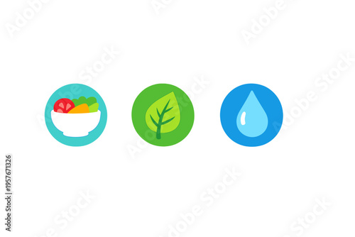 A set of three circular flat icons on a white background featuring a