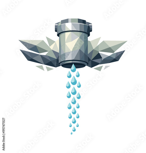 Low-poly vector illustration focused on filter clean flow after successful purification, calm stream of geometric water droplets